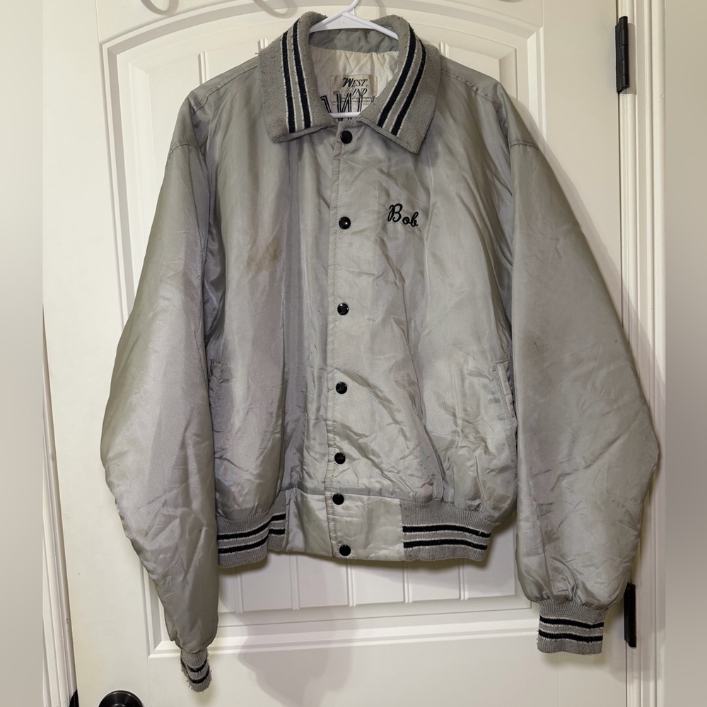 West Wind Men’s Satin Bomber Jacket Gray Vintage Snap Front Size XXL